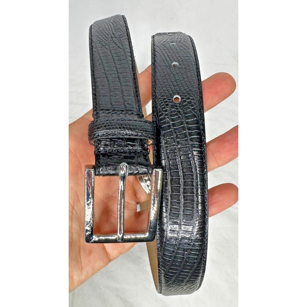 Saks Fifth Avenue Mens belt Black Leather Lizard Embossed Sz 32 Silver Tone